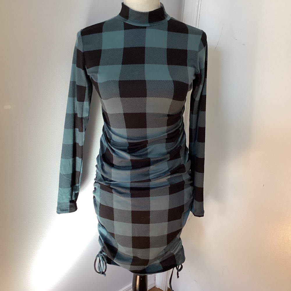 NWOT HELLO MIZ MATERNTY SMALL MIDI DRESS MOCKNECL PLAID TEAL BLACK